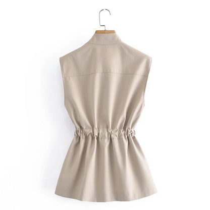 Women Vest Stand Collar Single-Breasted Lace up Vest