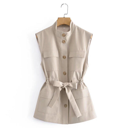 Women Vest Stand Collar Single-Breasted Lace up Vest